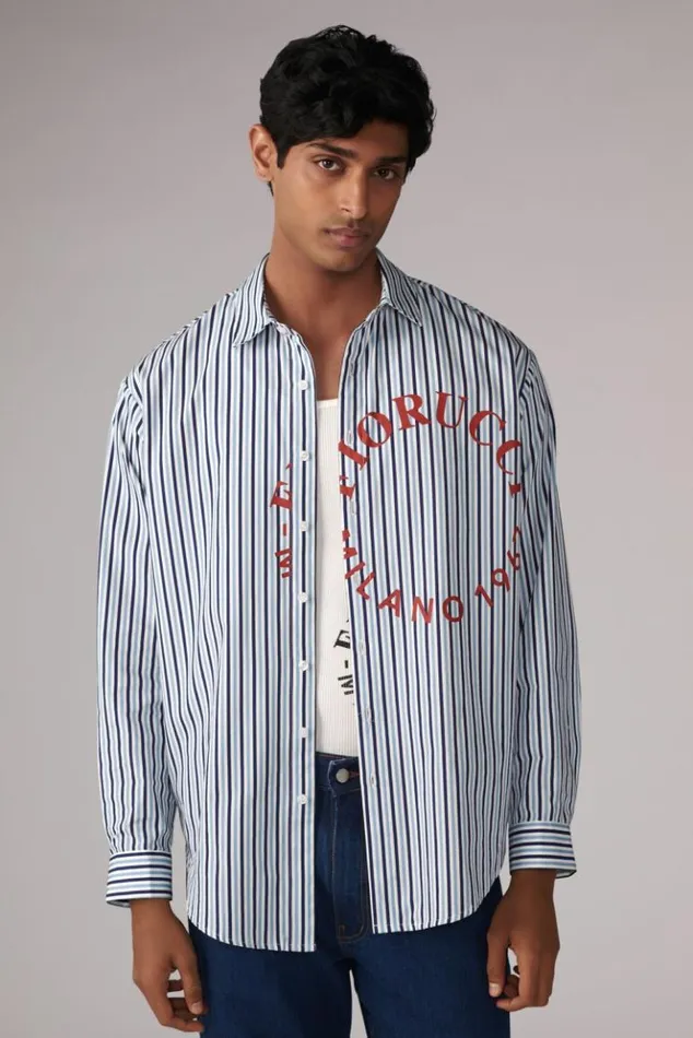 Men Fiorucci Milano Stamp Stripe Shirt Blue Blue Men Fiorucci Milano Stamp Stripe Shirt Blue Blue