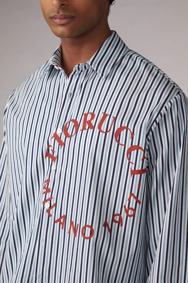 Men Fiorucci Milano Stamp Stripe Shirt Blue Blue Men Fiorucci Milano Stamp Stripe Shirt Blue Blue