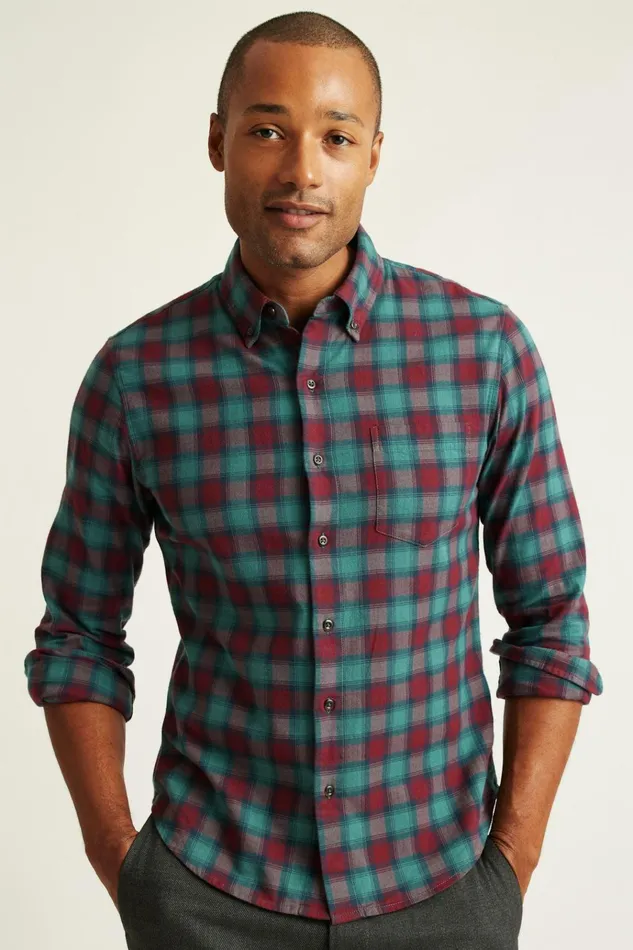 Men Flannels and Shirt Jackets Bonobos Everyday Lightweight Flannel Shirt Burgundy Sage Plaid