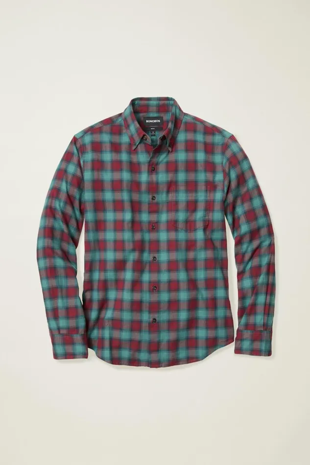 Men Flannels and Shirt Jackets Bonobos Everyday Lightweight Flannel Shirt Burgundy Sage Plaid