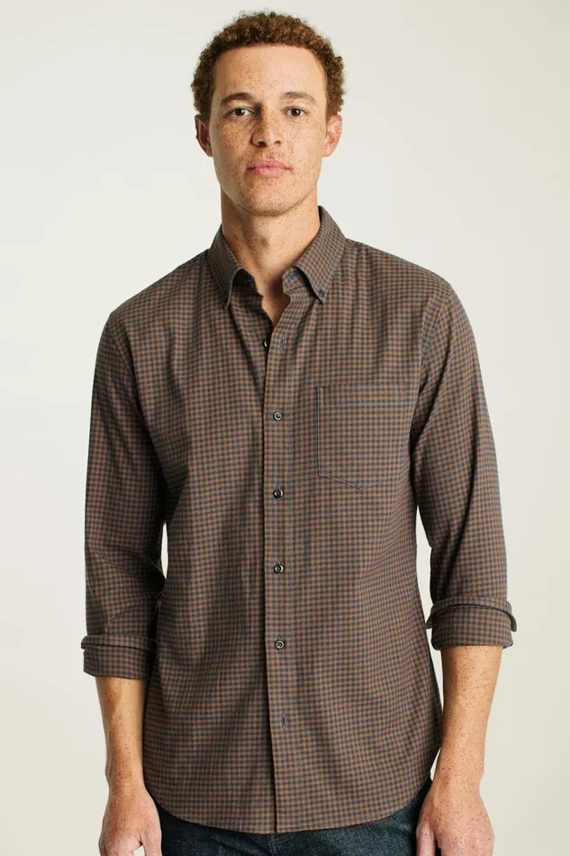 Men Flannels and Shirt Jackets Bonobos Everyday Lightweight Flannel Shirt Navy Blue Rust Check