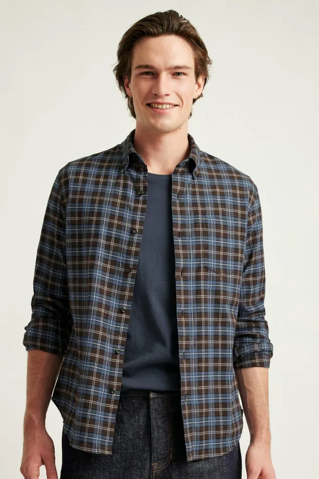 Men Flannels and Shirt Jackets Bonobos Everyday Lightweight Flannel Shirt Navy Chocolate Plaid