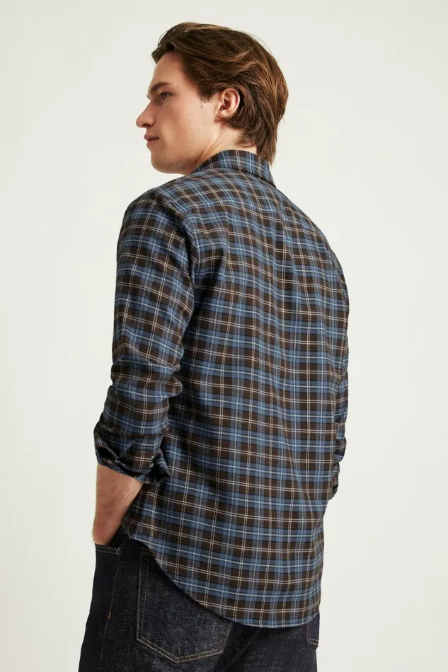 Men Flannels and Shirt Jackets Bonobos Everyday Lightweight Flannel Shirt Navy Chocolate Plaid