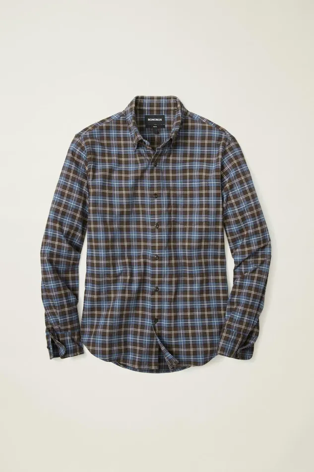 Men Flannels and Shirt Jackets Bonobos Everyday Lightweight Flannel Shirt Navy Chocolate Plaid