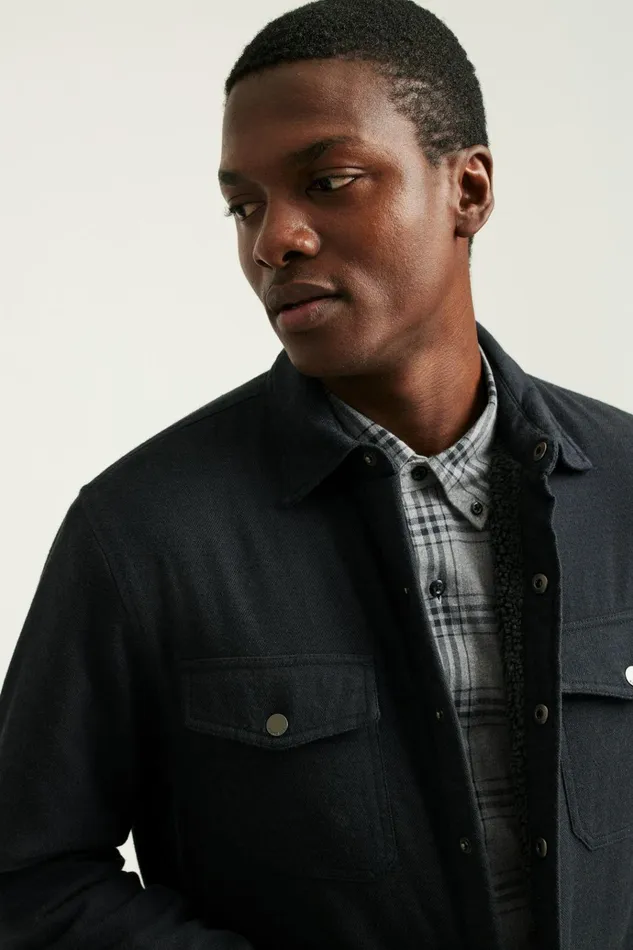 Men Flannels and Shirt Jackets Bonobos Teddy Fleece Lined Shacket Dark Olive Twill Dobby