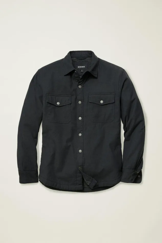 Men Flannels and Shirt Jackets Bonobos Teddy Fleece Lined Shacket Dark Olive Twill Dobby