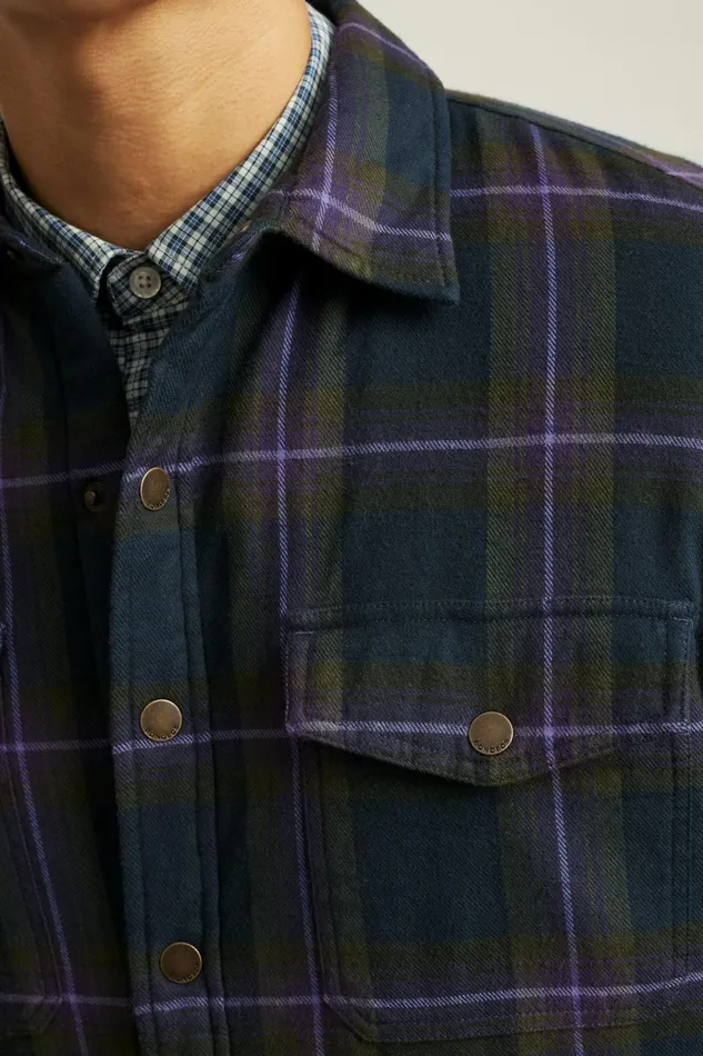 Men Flannels and Shirt Jackets Bonobos Teddy Fleece Lined Shacket Violet Navy Plaid