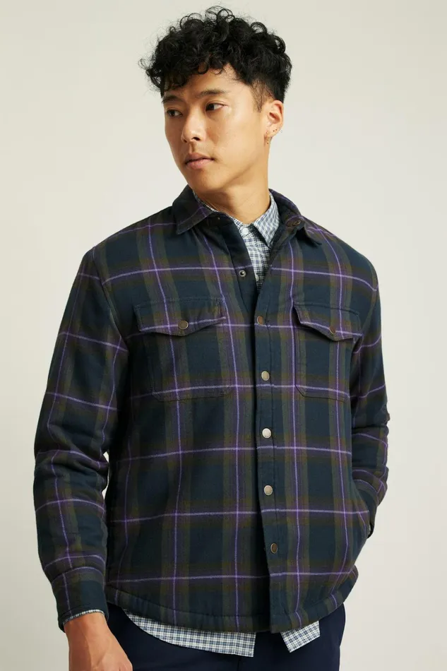 Men Flannels and Shirt Jackets Bonobos Teddy Fleece Lined Shacket Violet Navy Plaid