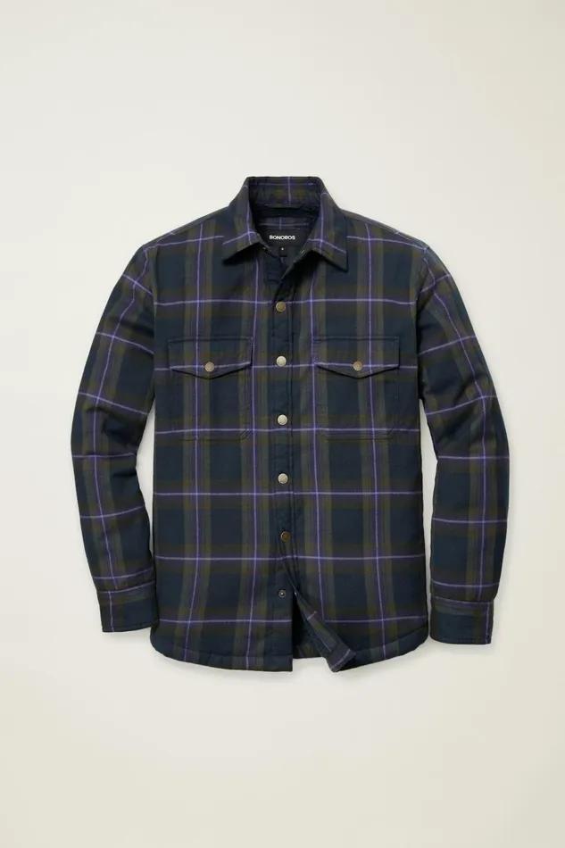 Men Flannels and Shirt Jackets Bonobos Teddy Fleece Lined Shacket Violet Navy Plaid