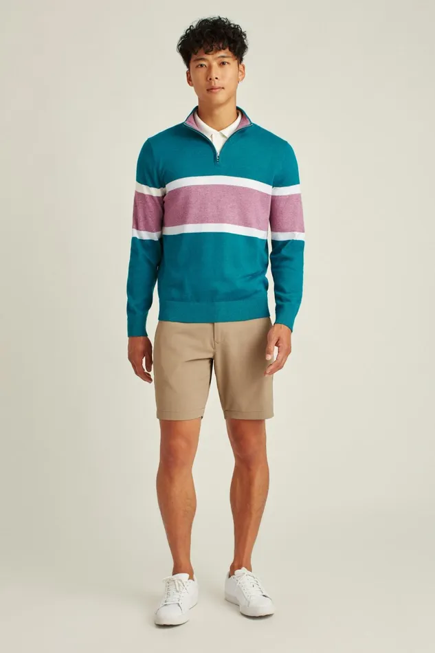 Men Golf Outerwear and Layering Bonobos Soft Air Golf HalfZip Teal With Berry Stripe