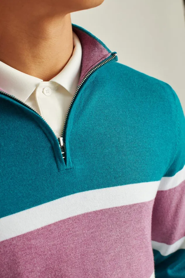 Men Golf Outerwear and Layering Bonobos Soft Air Golf HalfZip Teal With Berry Stripe