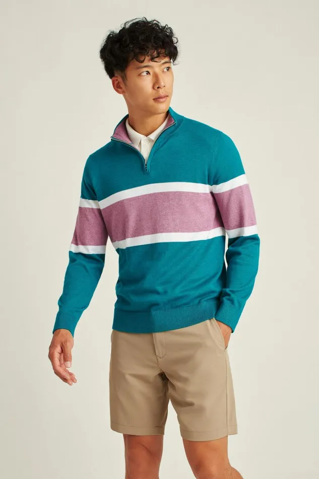 Men Golf Outerwear and Layering Bonobos Soft Air Golf HalfZip Teal With Berry Stripe