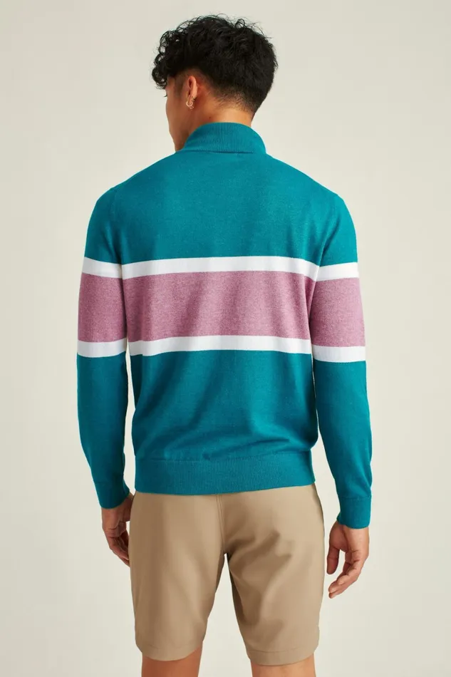 Men Golf Outerwear and Layering Bonobos Soft Air Golf HalfZip Teal With Berry Stripe