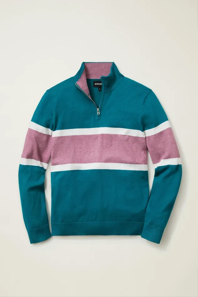 Men Golf Outerwear and Layering Bonobos Soft Air Golf HalfZip Teal With Berry Stripe