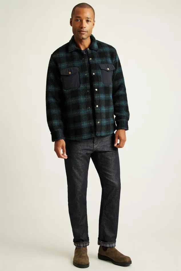 Men Jackets and Coats Bonobos Teddy Fleece Jacket Navy Green Plaid