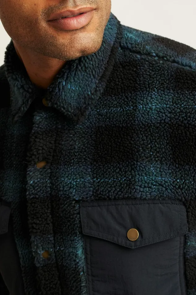 Men Jackets and Coats Bonobos Teddy Fleece Jacket Navy Green Plaid