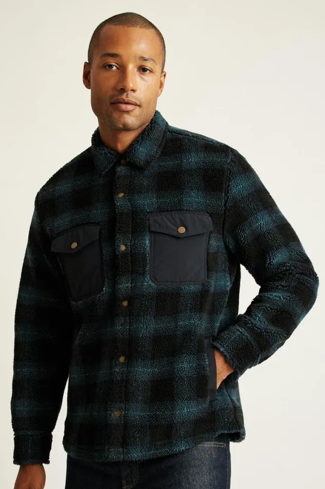 Men Jackets and Coats Bonobos Teddy Fleece Jacket Navy Green Plaid