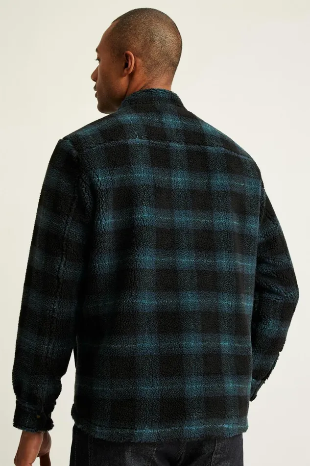 Men Jackets and Coats Bonobos Teddy Fleece Jacket Navy Green Plaid