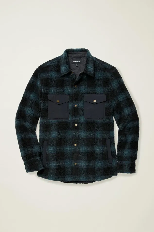 Men Jackets and Coats Bonobos Teddy Fleece Jacket Navy Green Plaid