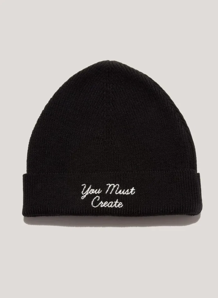 Mens Hats YMC Embroidered Merino Wool Beanie Hat Black