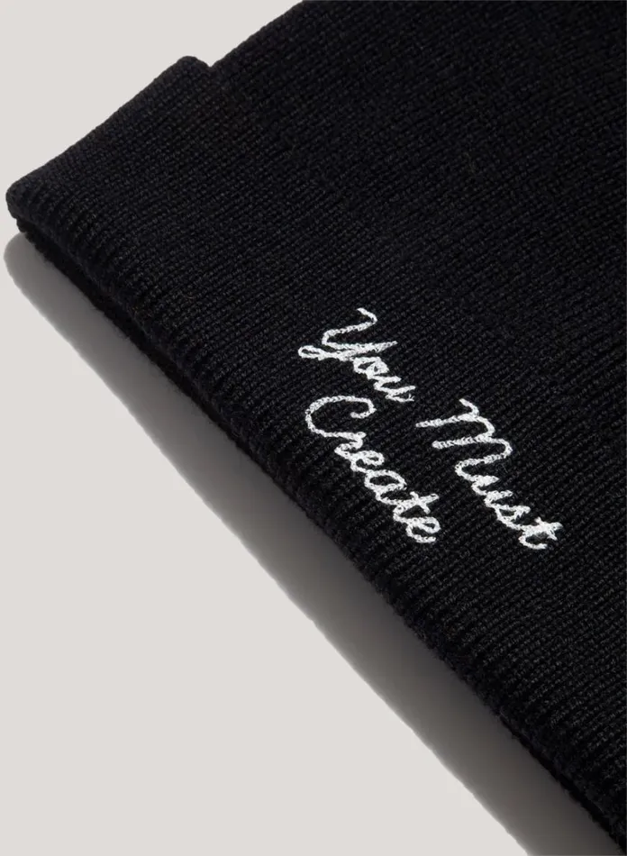 Mens Hats YMC Embroidered Merino Wool Beanie Hat Black