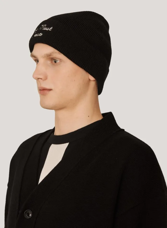 Mens Hats YMC Embroidered Merino Wool Beanie Hat Black