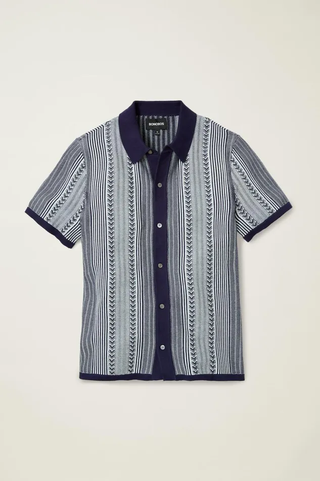 Men Seasonal Sweaters Bonobos Hudson Cabana Sweater Polo Royal Blue Cotton Stripe