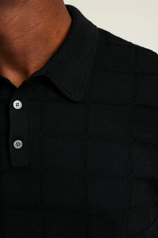 Men Seasonal Sweaters Bonobos Hudson Sweater Polo Black Cotton Grid