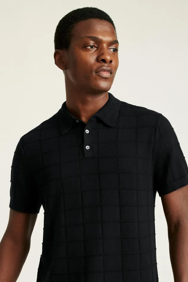 Men Seasonal Sweaters Bonobos Hudson Sweater Polo Black Cotton Grid