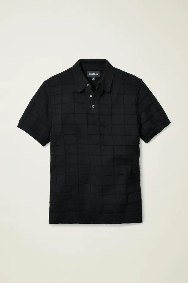 Men Seasonal Sweaters Bonobos Hudson Sweater Polo Black Cotton Grid