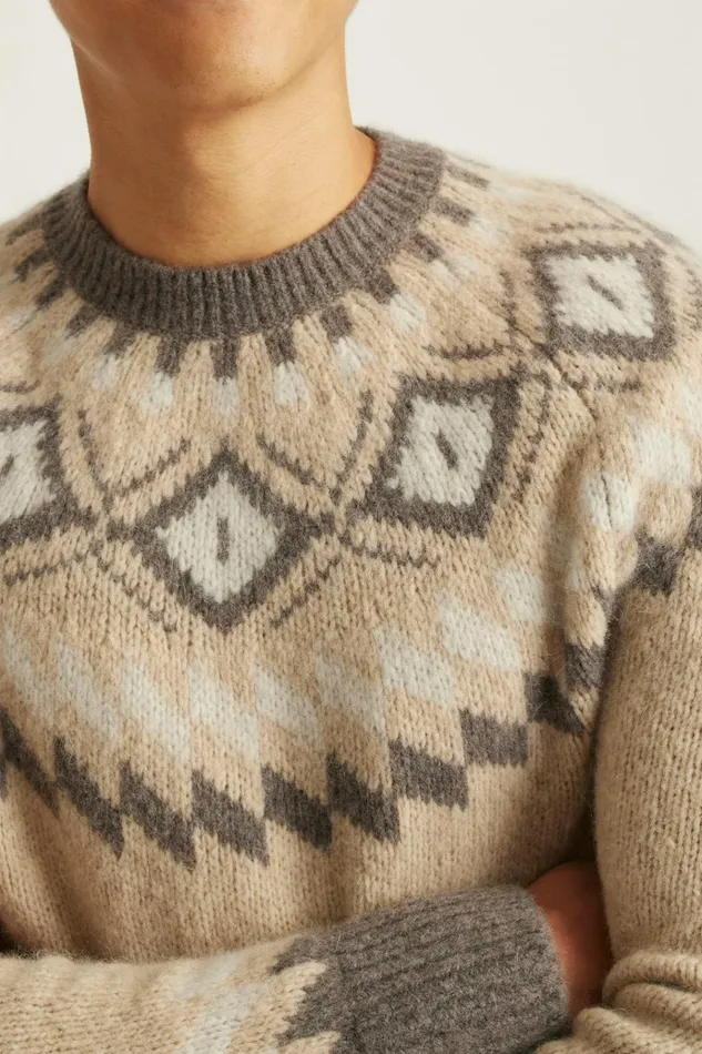 Men Seasonal Sweaters Bonobos Wool Alpaca Crew Neck Sweater Khaki Grey Fair Isle