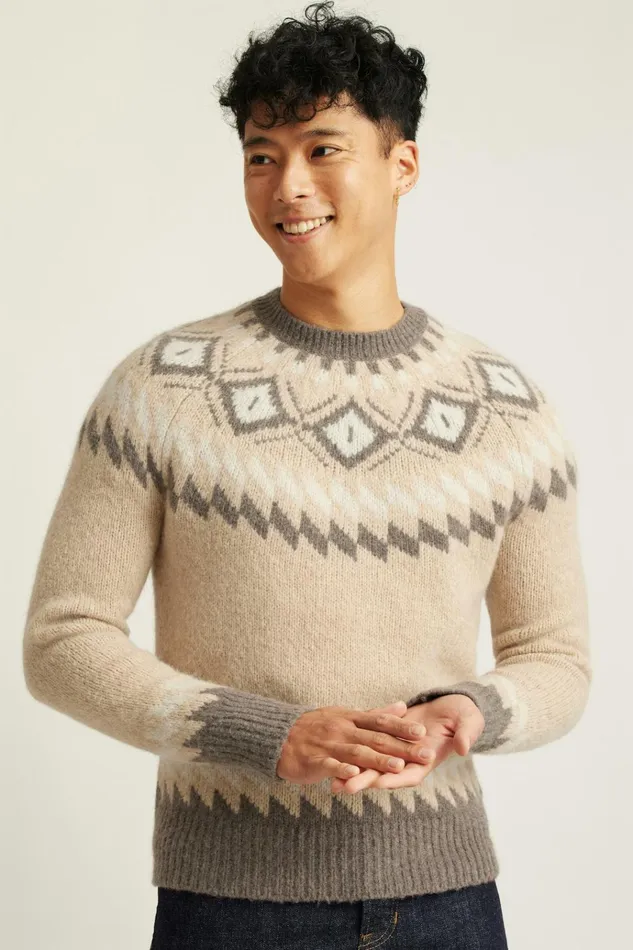 Men Seasonal Sweaters Bonobos Wool Alpaca Crew Neck Sweater Khaki Grey Fair Isle