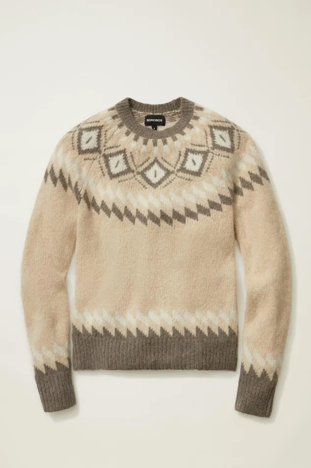 Men Seasonal Sweaters Bonobos Wool Alpaca Crew Neck Sweater Khaki Grey Fair Isle