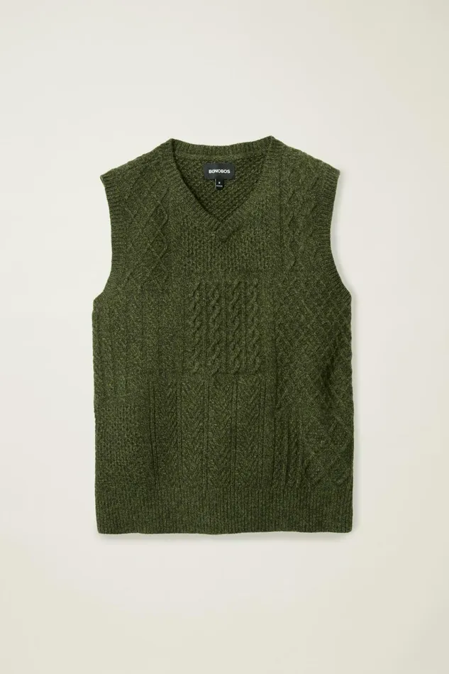 Men Seasonal Sweaters Bonobos Wool Cable Crew Vest Thyme Green