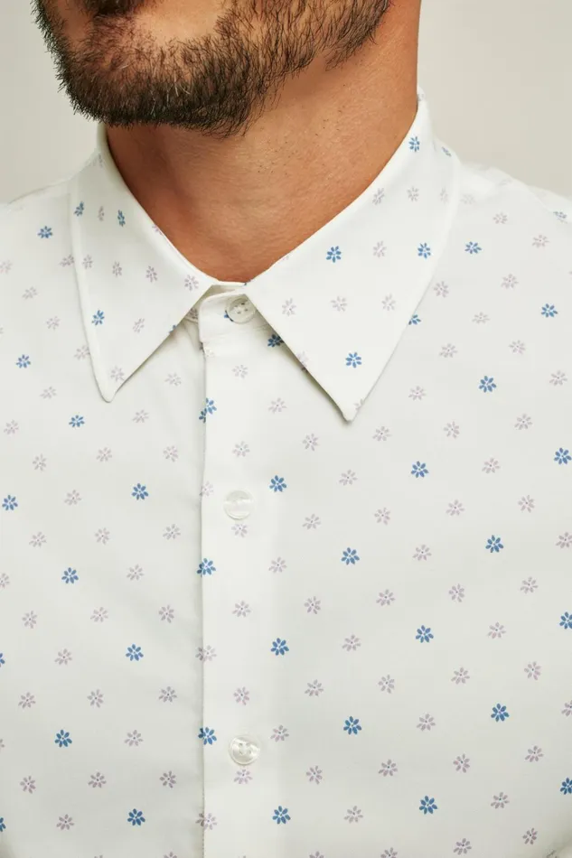 Men Short Sleeve Shirts Bonobos Tech Short Sleeve Shirt Blue Lilac Daisy Stamp