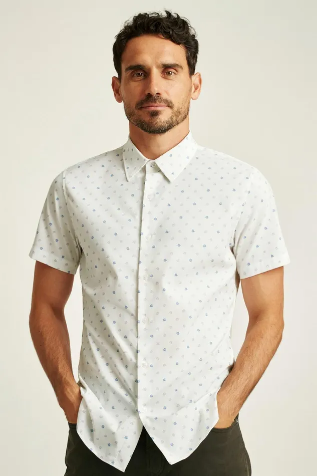 Men Short Sleeve Shirts Bonobos Tech Short Sleeve Shirt Blue Lilac Daisy Stamp