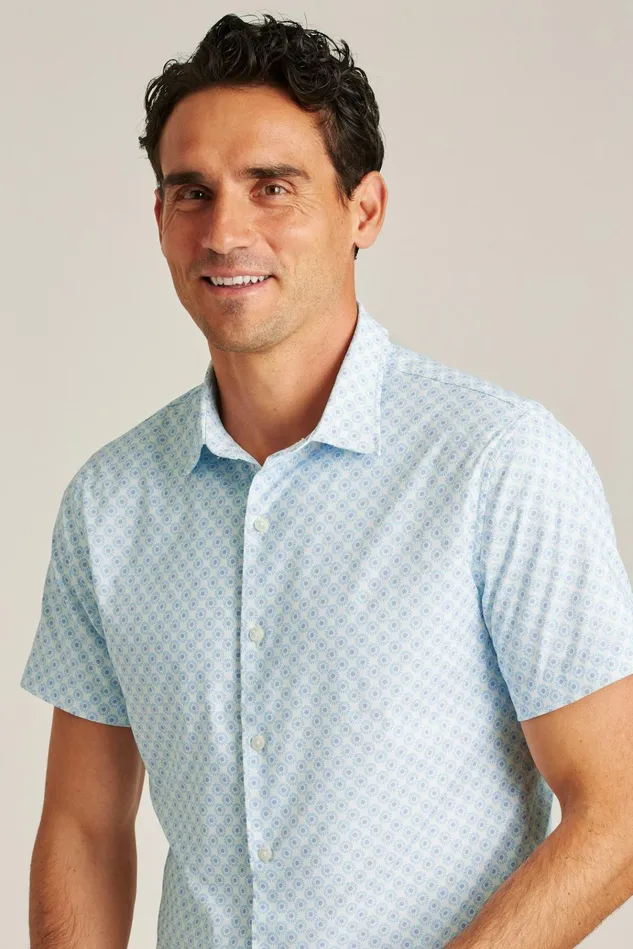 Men Short Sleeve Shirts Bonobos Tech Short Sleeve Shirt Galaxy Blue Sunflower Geo