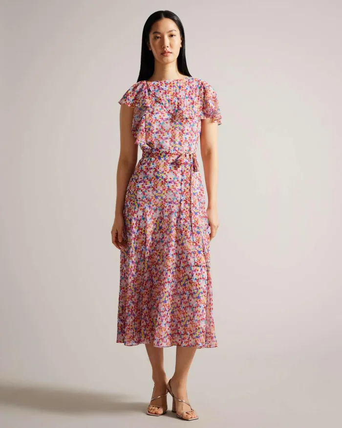 Midaxi Belted Tea Dress With Ruffles White Women Ted Baker Clothing
