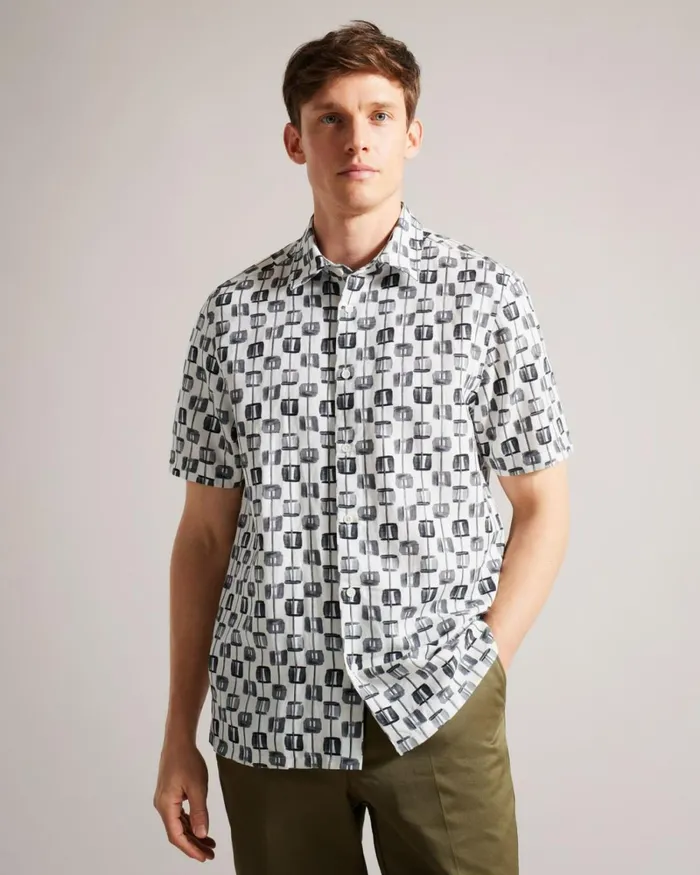 Painted Geometric Short Sleeve Shirt Ecru Men Ted Baker Clothing Painted Geometric Short Sleeve Shirt Ecru Men Ted Baker Clothing