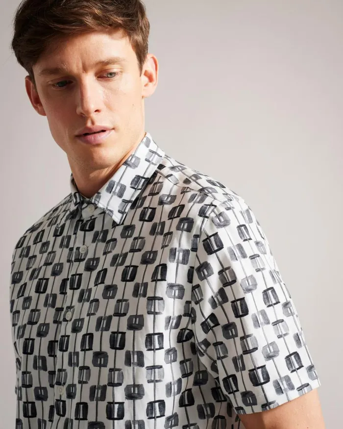 Painted Geometric Short Sleeve Shirt Ecru Men Ted Baker Clothing Painted Geometric Short Sleeve Shirt Ecru Men Ted Baker Clothing