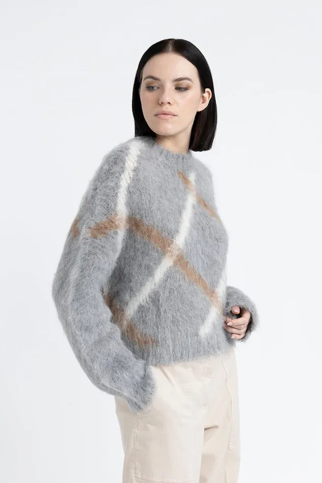 Peserico Knitwear Woman Alpaca And Merino Sweater With Diamond Pattern Fog Gray