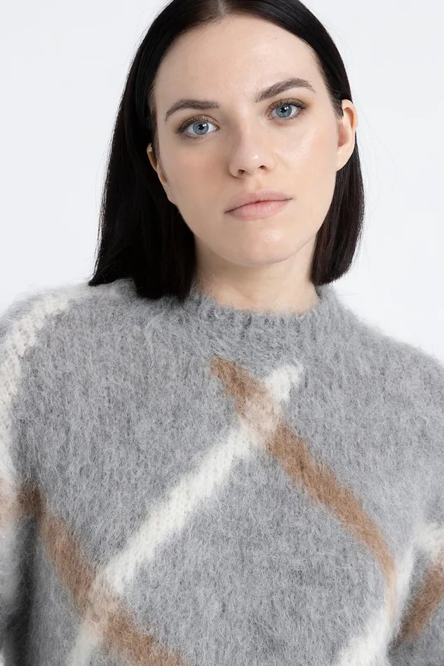 Peserico Knitwear Woman Alpaca And Merino Sweater With Diamond Pattern Fog Gray Peserico Knitwear Woman Alpaca And Merino Sweater With Diamond Pattern Fog Gray