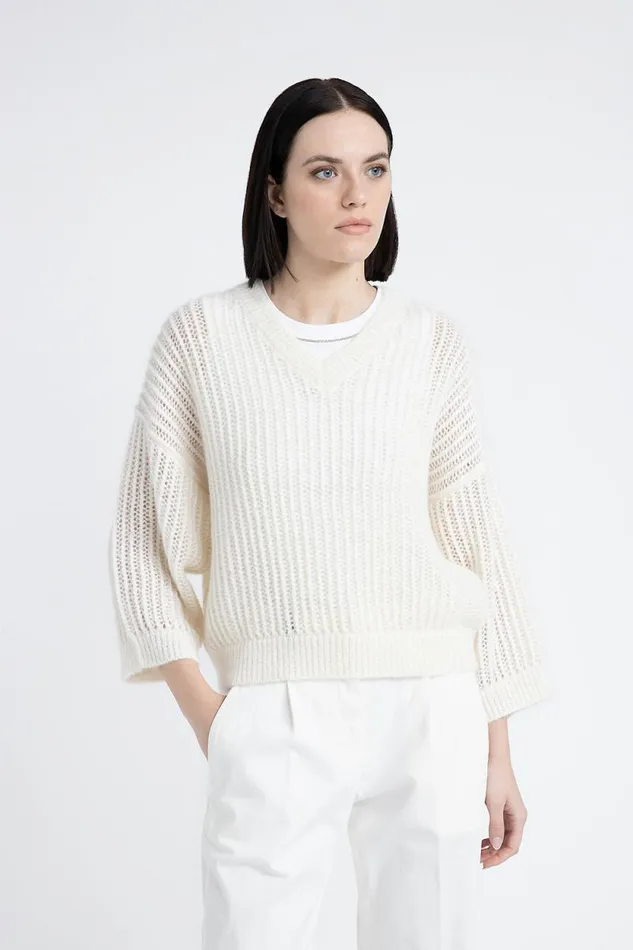 Peserico Knitwear Woman Alpaca Wool Lurex And Sequin Crew Neck Sweater Natural White
