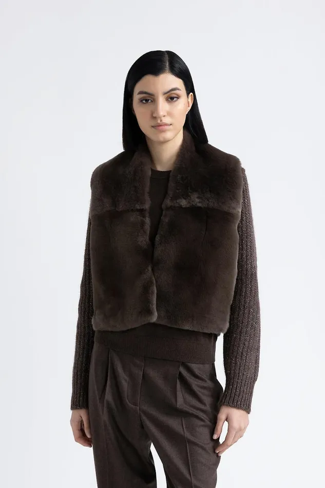 Peserico Knitwear Woman Knitted Jacket With Fur Trim Walnut