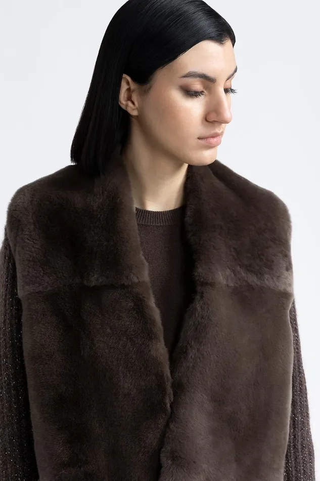 Peserico Knitwear Woman Knitted Jacket With Fur Trim Walnut Peserico Knitwear Woman Knitted Jacket With Fur Trim Walnut