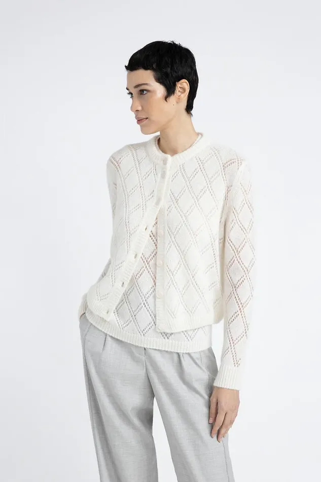 Peserico Knitwear Woman Merino Wool And Alpaca Lace Pattern Cardigan Natural White Peserico Knitwear Woman Merino Wool And Alpaca Lace Pattern Cardigan Natural White