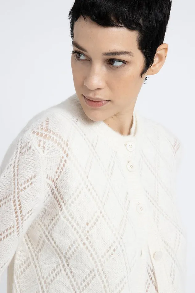 Peserico Knitwear Woman Merino Wool And Alpaca Lace Pattern Cardigan Natural White Peserico Knitwear Woman Merino Wool And Alpaca Lace Pattern Cardigan Natural White