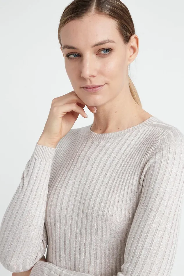 Peserico Knitwear Woman Ribbed High Neck Sweater In Viscose Yarn And Lurex Barley Peserico Knitwear Woman Ribbed High Neck Sweater In Viscose Yarn And Lurex Barley