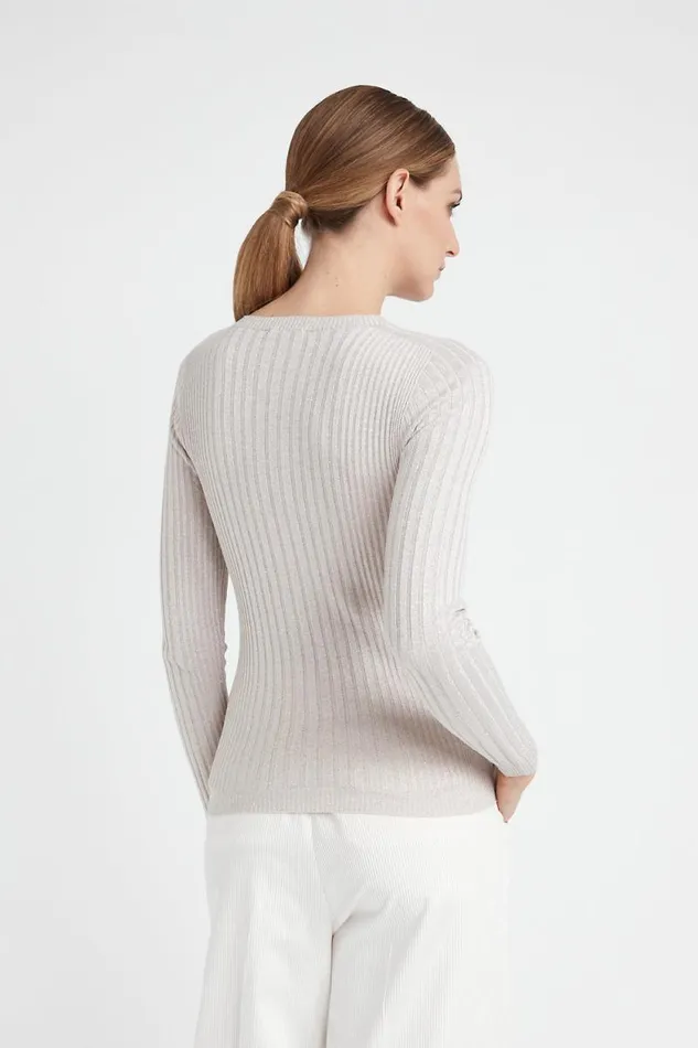 Peserico Knitwear Woman Ribbed High Neck Sweater In Viscose Yarn And Lurex Barley Peserico Knitwear Woman Ribbed High Neck Sweater In Viscose Yarn And Lurex Barley