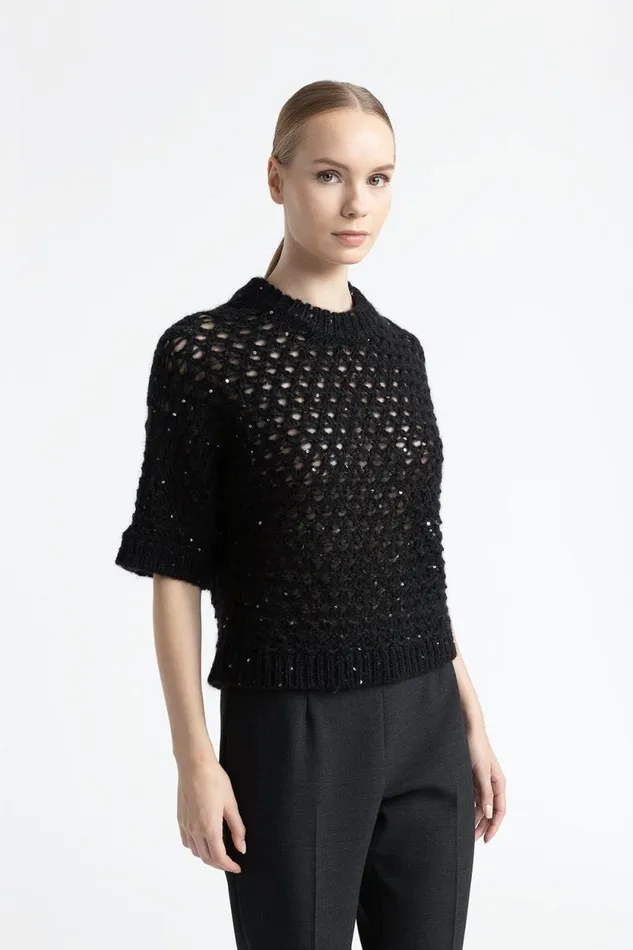 Peserico Knitwear Woman ShortSleeved Sweater In An Alpaca Yarn With Sequins Black Peserico Knitwear Woman ShortSleeved Sweater In An Alpaca Yarn With Sequins Black